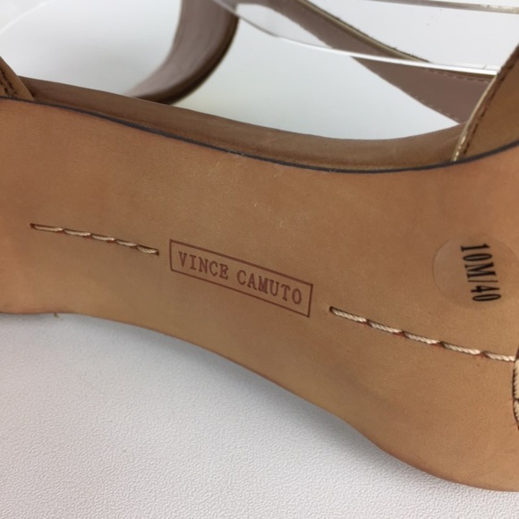 Vince Camuto Womens Kelva Brown Leather T Strap Heeled Sandal Gold Trim size 10 - Picture 16 of 16